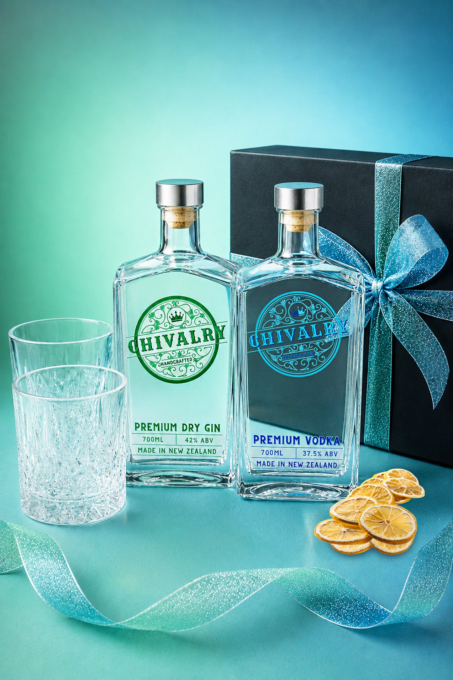 Two bottles of Chivalre gin with a glass, lemon slices, and a gift box on a teal background.