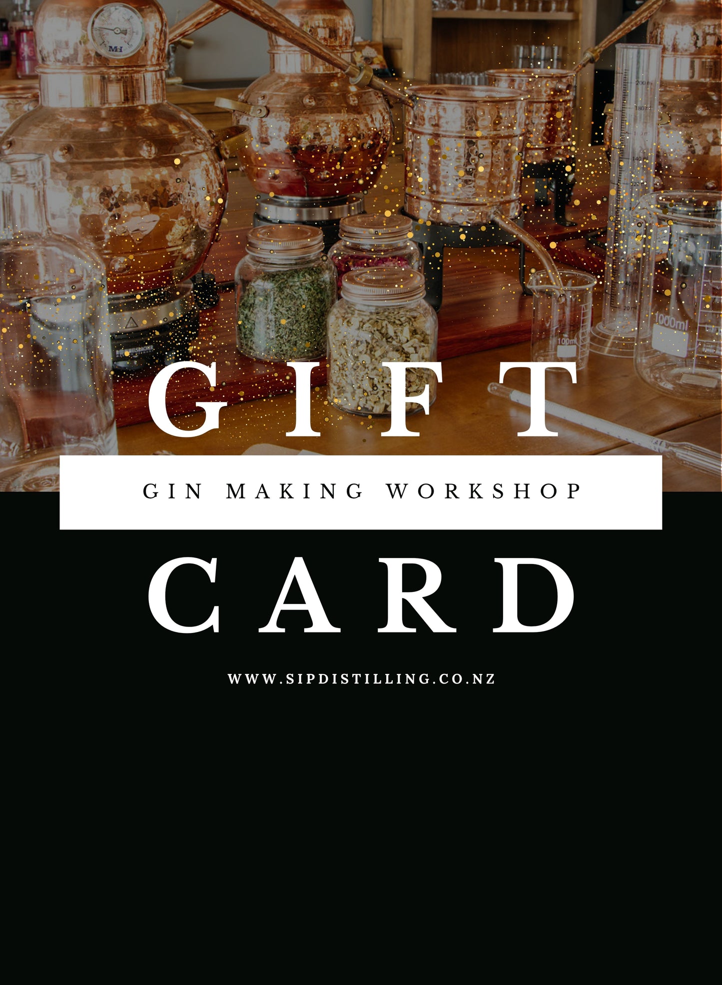 Gift card for a gin making workshop with distilling equipment in the background.