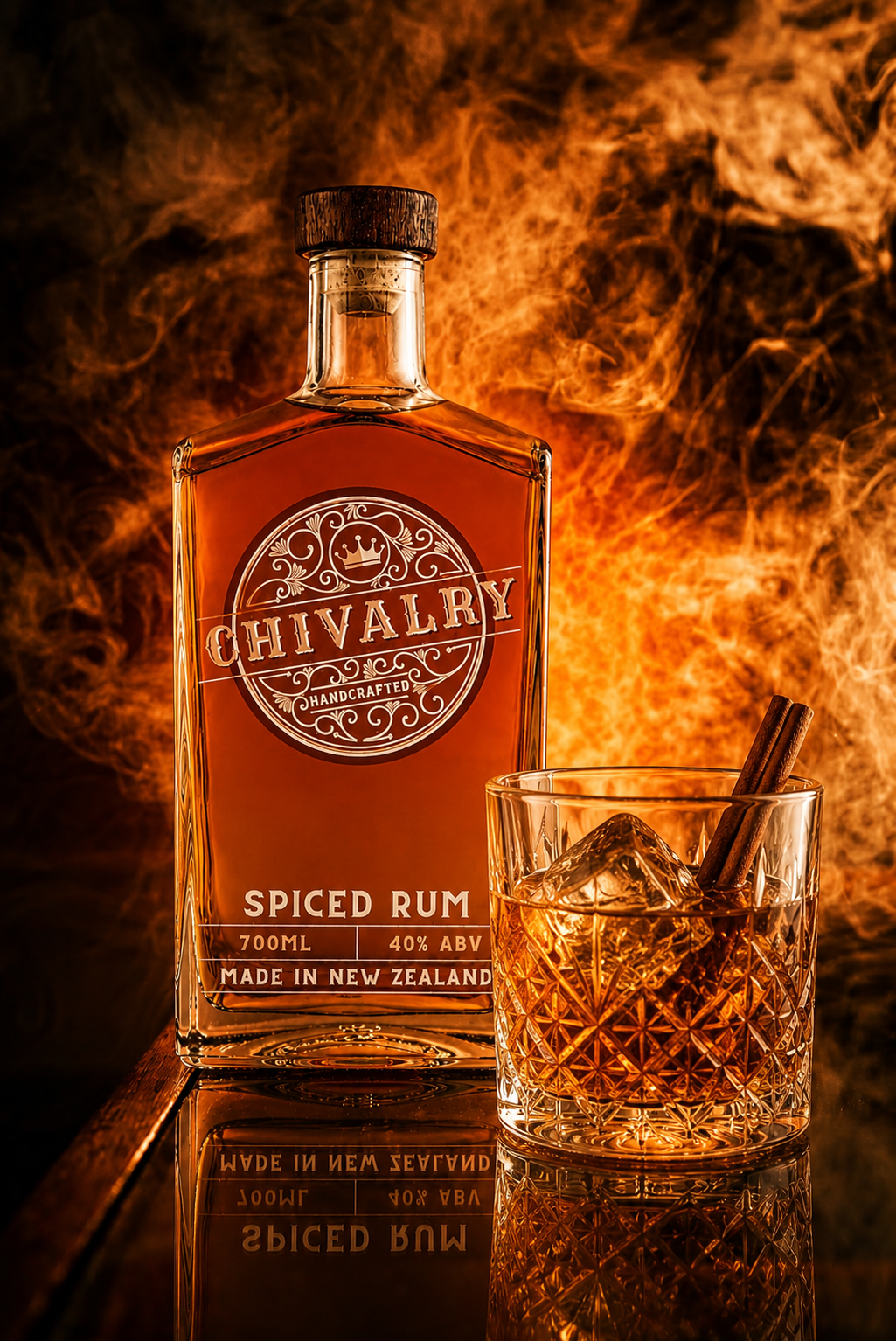 Chivalry Spiced Rum bottle with a glass of rum and ice against a fiery background