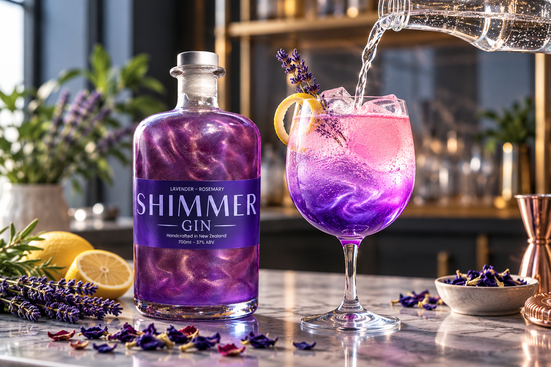 SIP Distilling Purple Shimmer Gin handcrafted in New Zealand, with a sparkling purple and pink colour-changing gin and tonic, lavender and citrus garnish.
