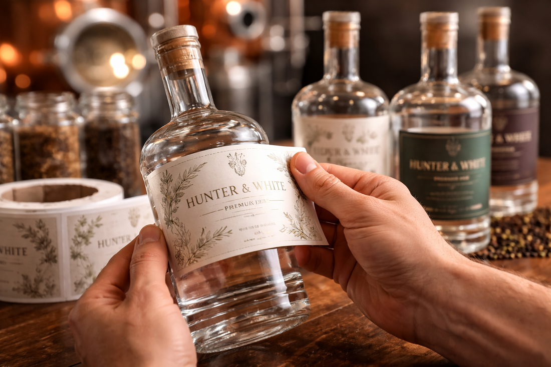 Applying custom branded label to spirits bottle at contract distillery NZ