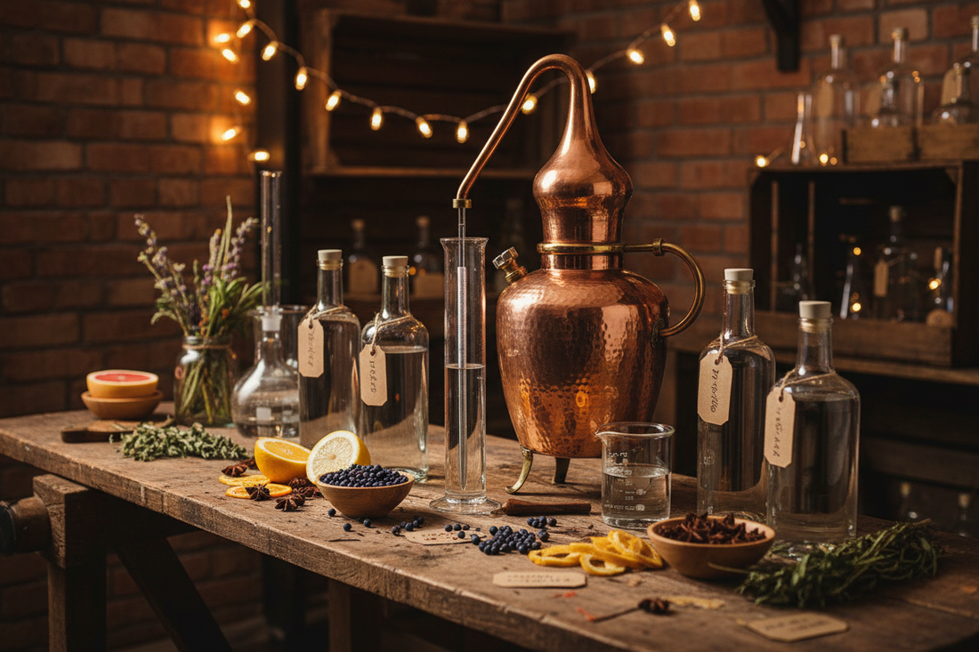 A dark and moody kitchen with a copper still and botanicals to home distill gin