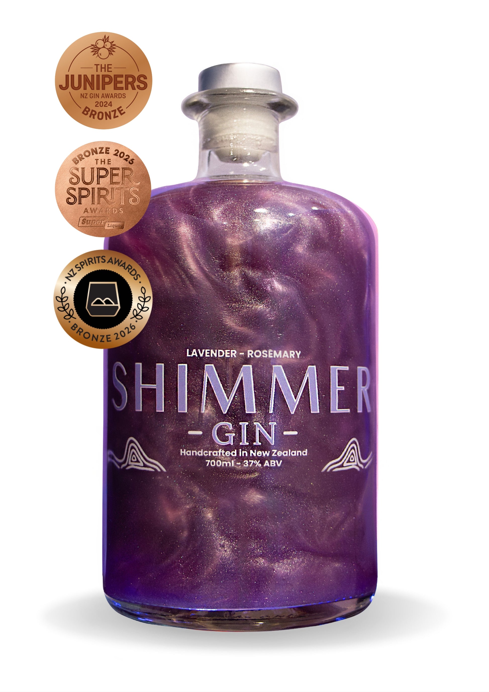 A bottle of Shimmer Gin with a deep purple, shimmering liquid inside. The bottle has a silver cap and a white label with the brand name 'SHIMMER GIN' in large letters.