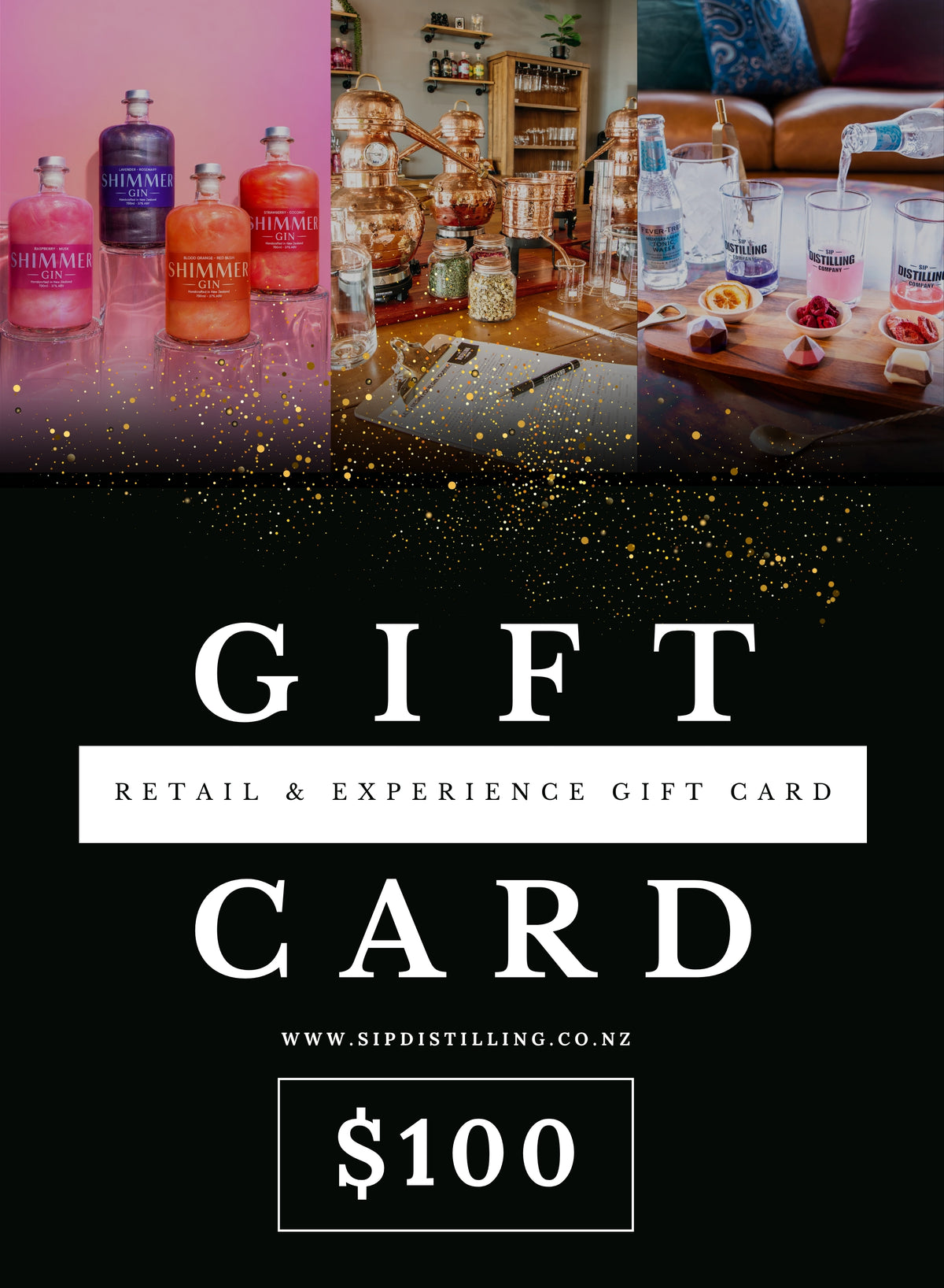 SIP Distilling Co. $100 retail and experience gift card featuring handcrafted gin, distillery workshops and premium spirits.