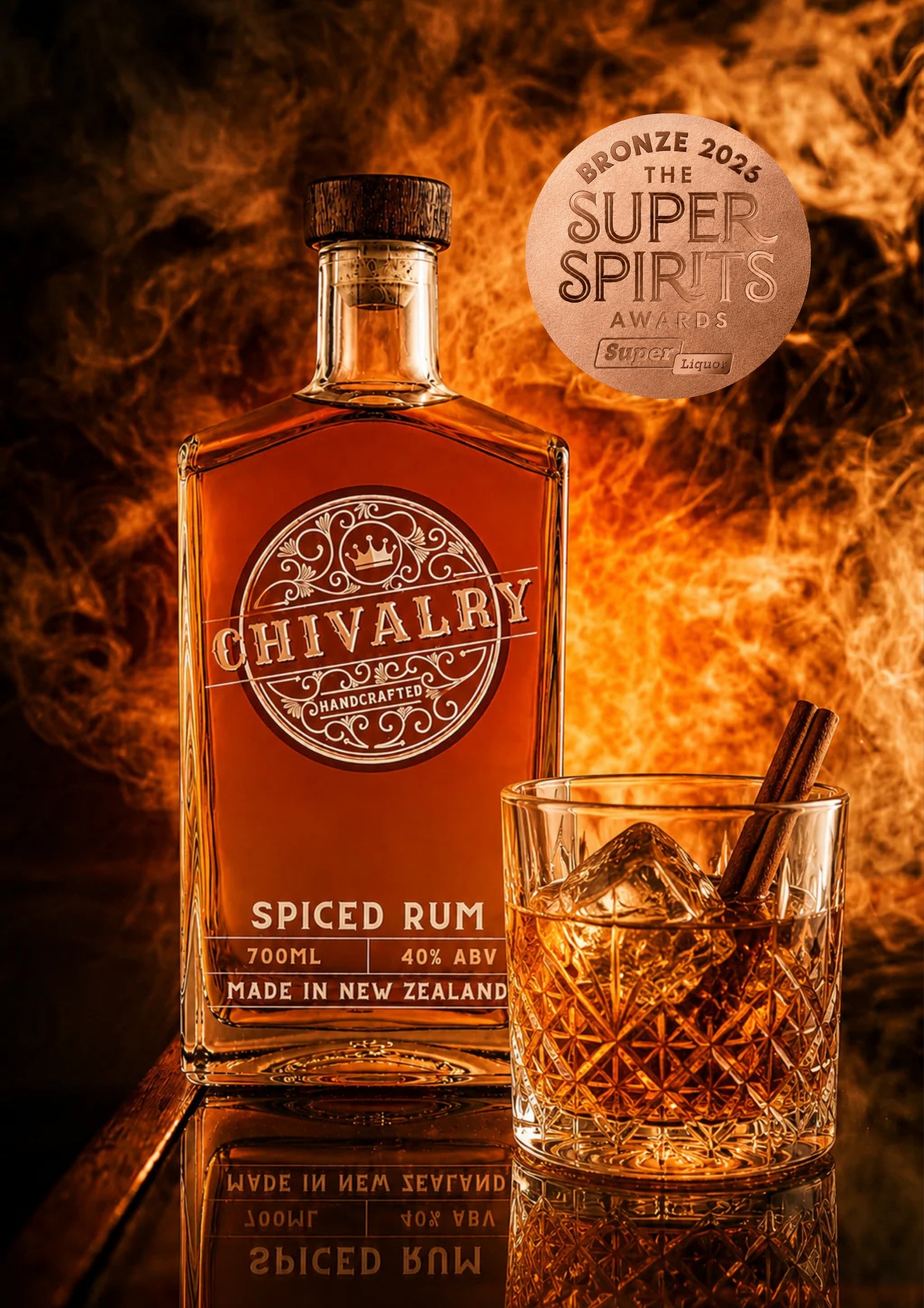 A bottle of Chivalry Spiced Rum alongside a cut glass of the amber rum with ice and a cinnamon stick, set against a smoky orange background with a bronze 2025 The Super Spirits Awards badge.