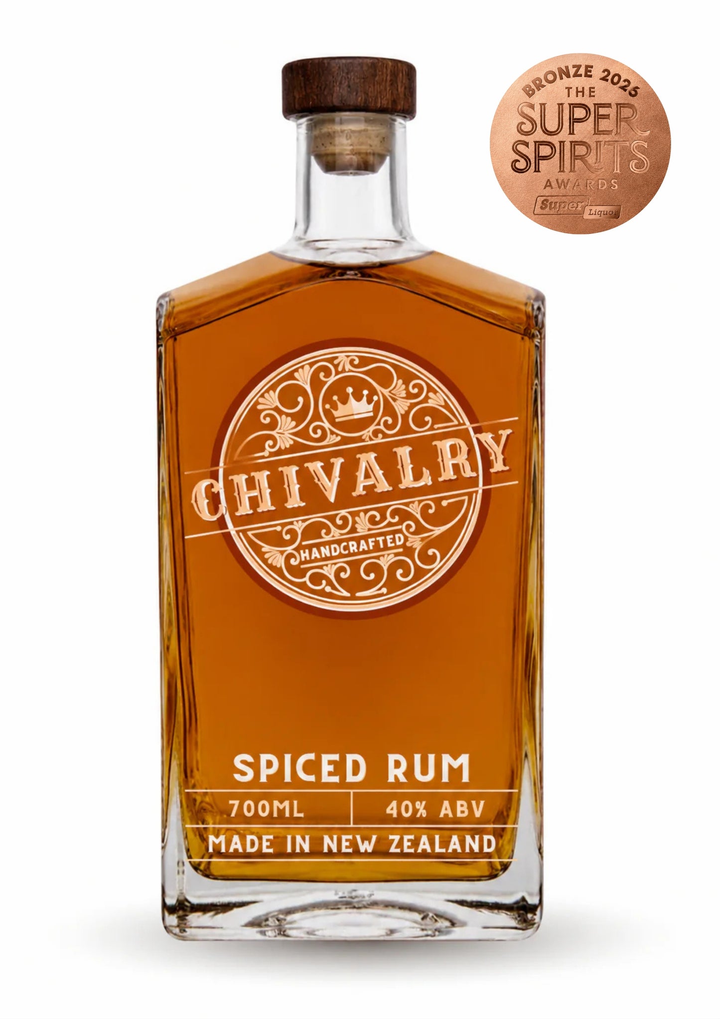 A bottle of Chivalry Handcrafted Spiced Rum with amber liquid, a dark wood cap, and a bronze award badge in the top right corner, set against a plain white background.