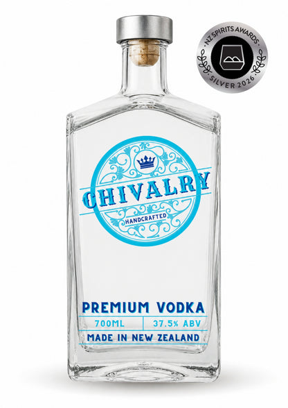 A 700ml clear glass bottle of Chivalry Premium Vodka with a blue and white label, a silver cap, and a silver Best Spirits Awards Silver 2024 badge on the top right, set against a plain white background.