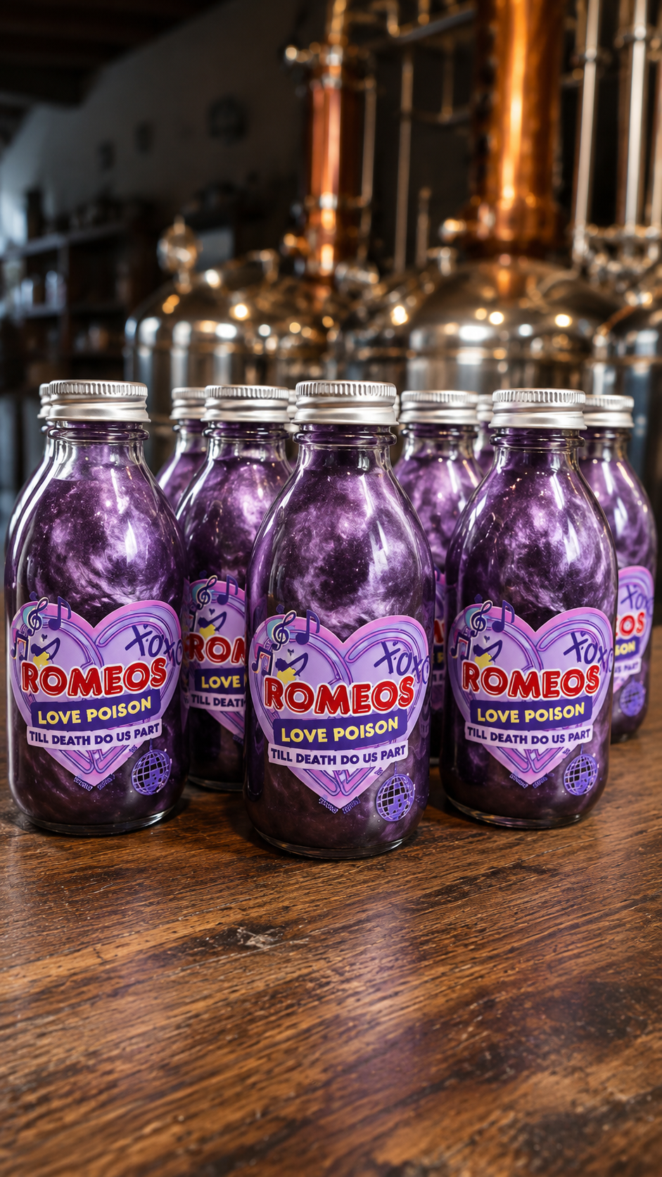 Several glass bottles of Romeo's Love Poison syrup arranged on a wooden table, with copper distillation tanks blurred in the background.