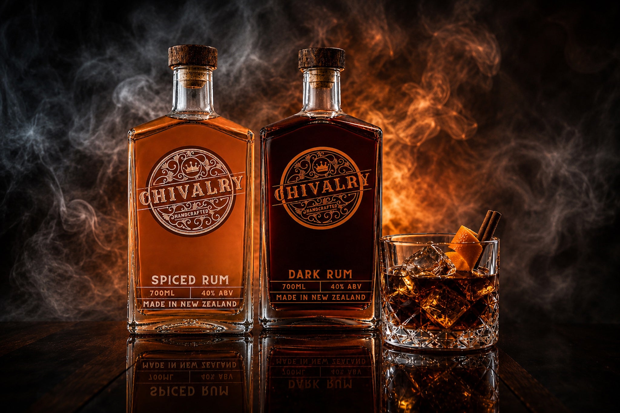 Two bottles of Chivalry rum with a glass of cocktail on a dark background with smoke and fire effects.
