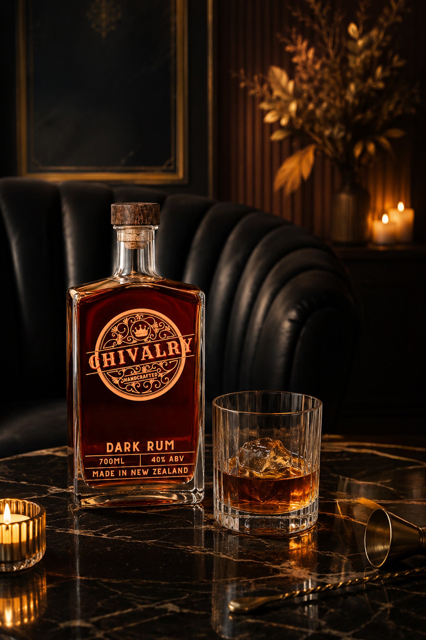 Chivalry Dark Rum bottle with a glass of rum on a dark surface with candles and decor.