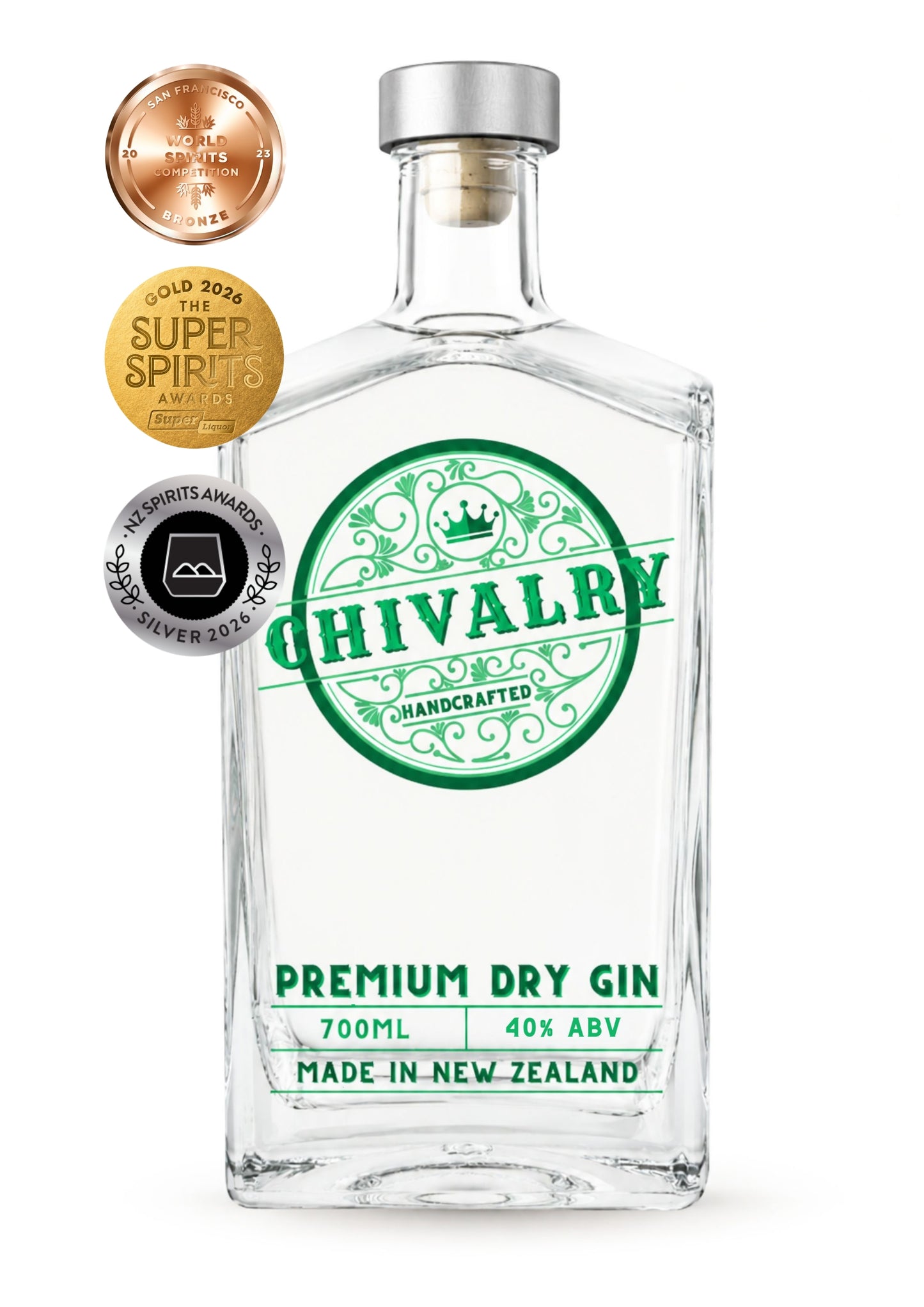 A clear glass bottle of Chivalry Premium Dry Gin with a silver cap, featuring green printed labels and three award seals on the left side against a white background.