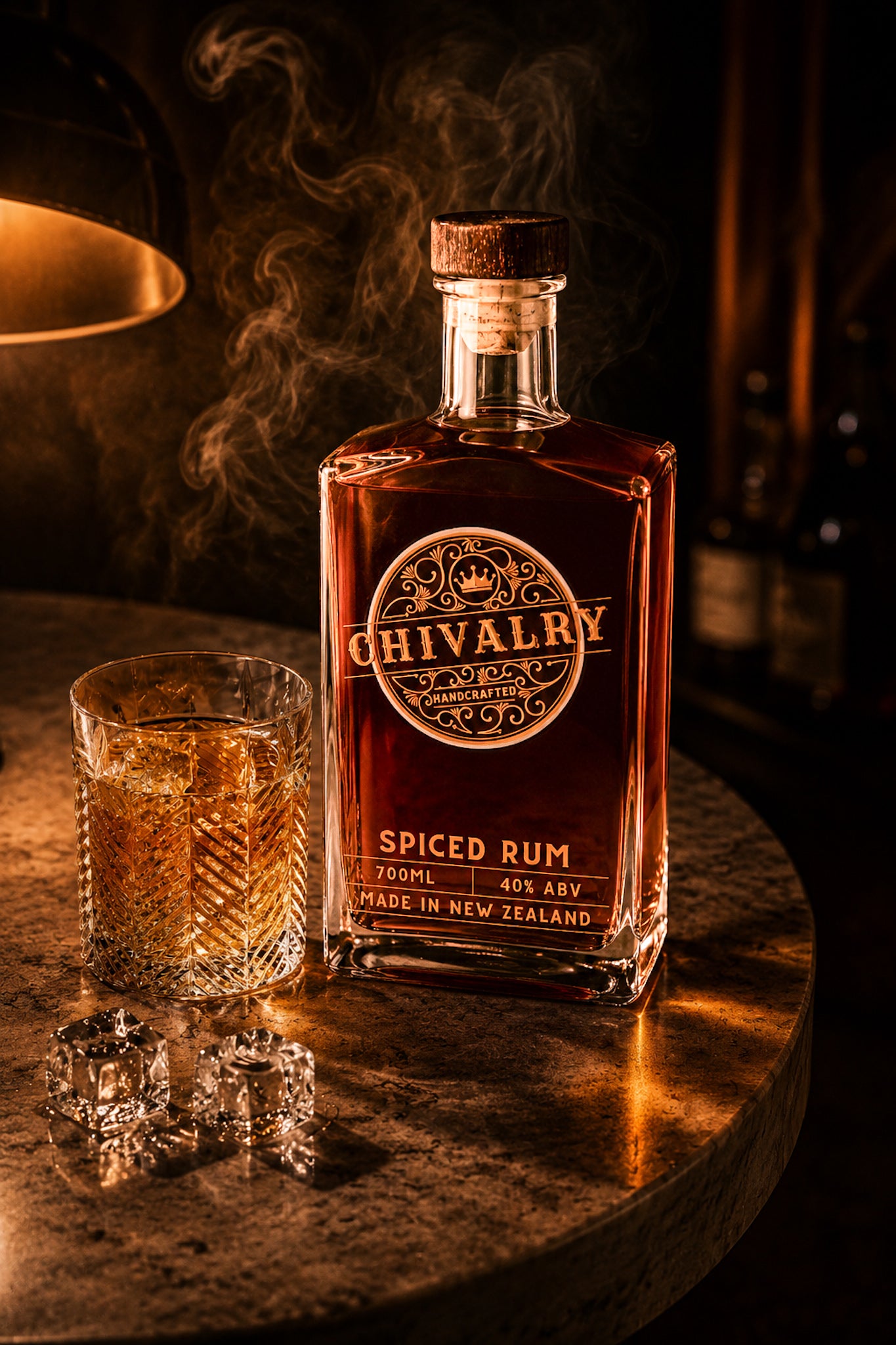 Chivalry Spiced Rum bottle with a glass of rum on a dark surface