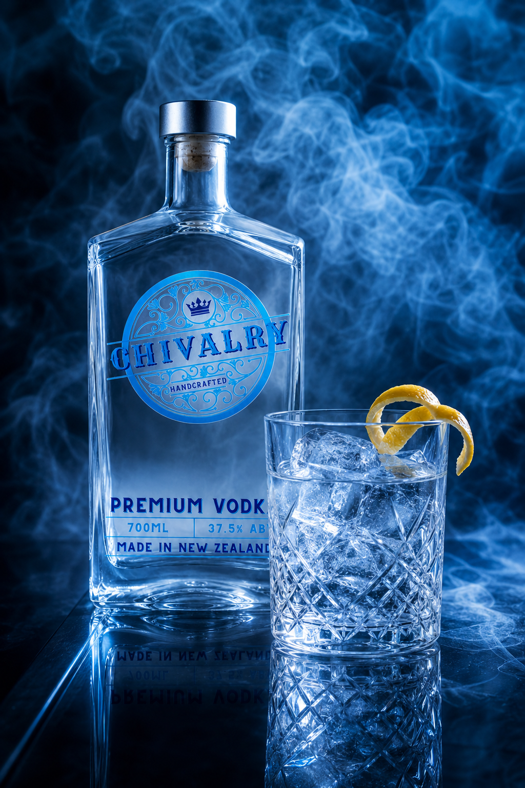 Chivalry vodka bottle with a cocktail glass and lemon twist on a dark background