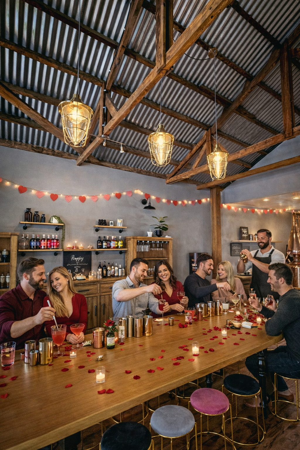 Group of people socializing around a long wooden table in a rustic bar setting with wooden beams and string lights.