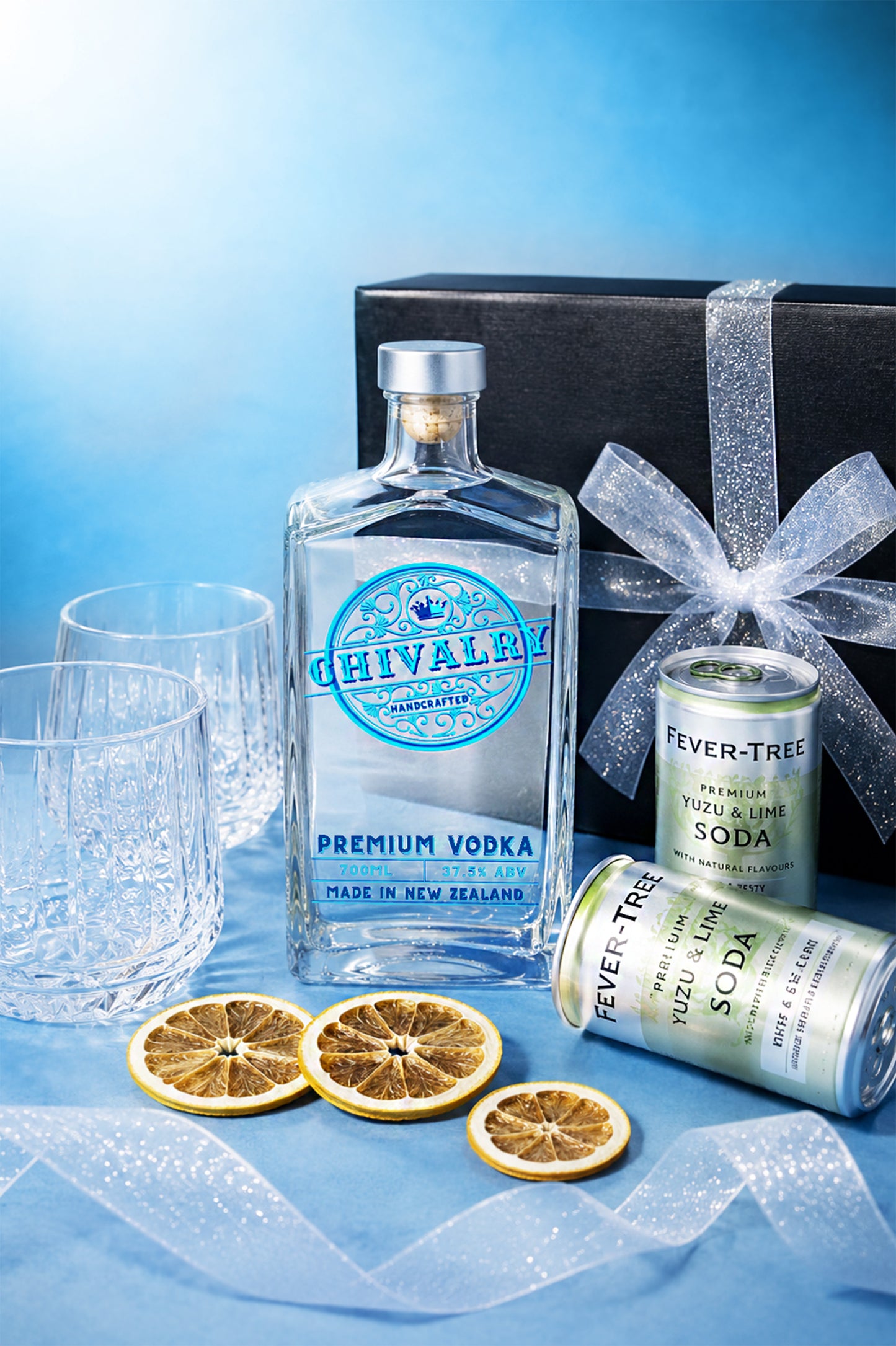 Chivalry vodka bottle with orange slices and Fever-Tree soda can on a blue background