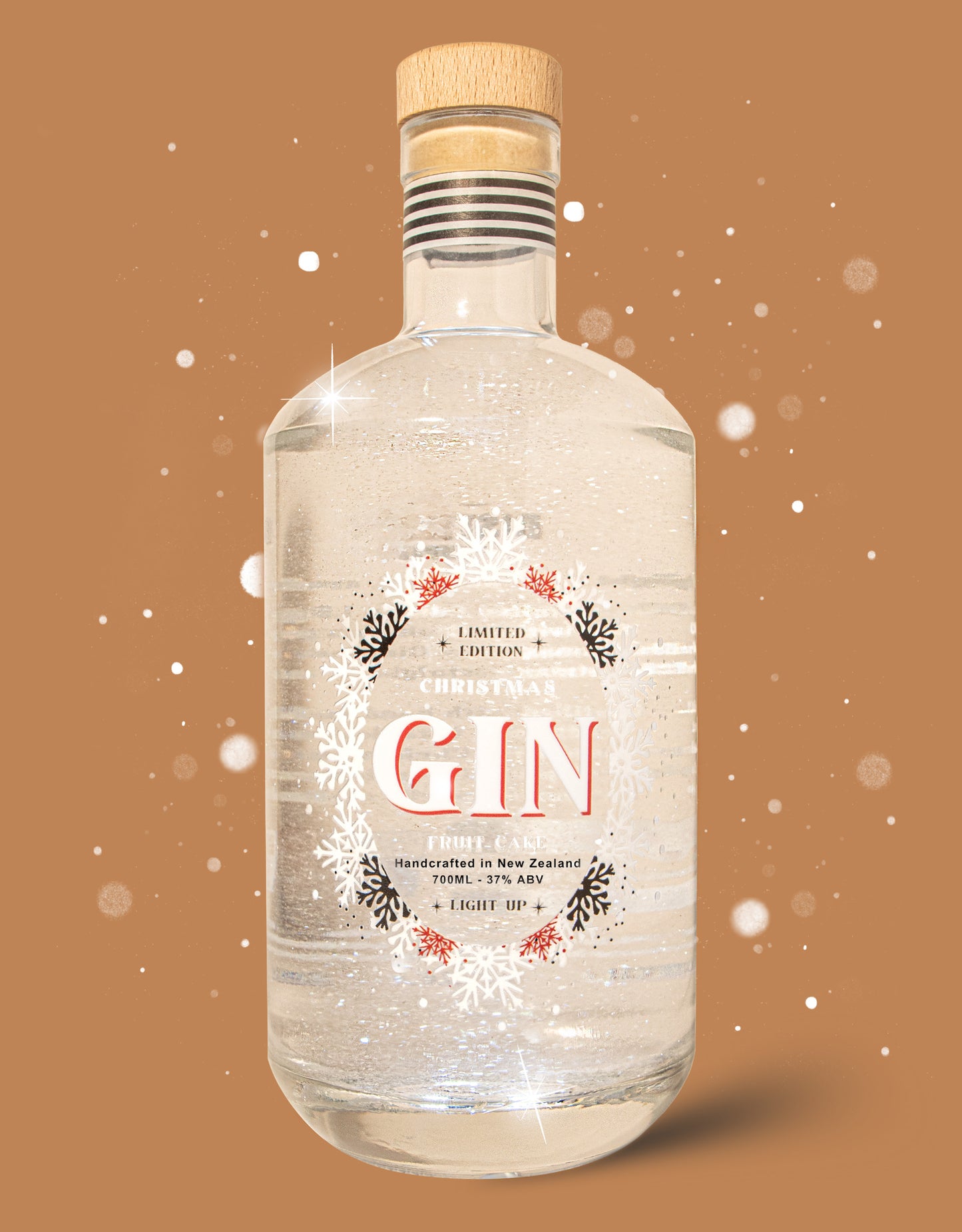 Bottle of gin with a decorative label on a brown background