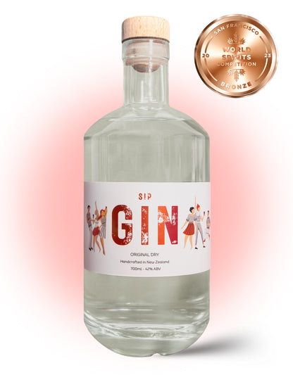 Bottle of Sip Gin with a label featuring people and a gold medal on a pink background