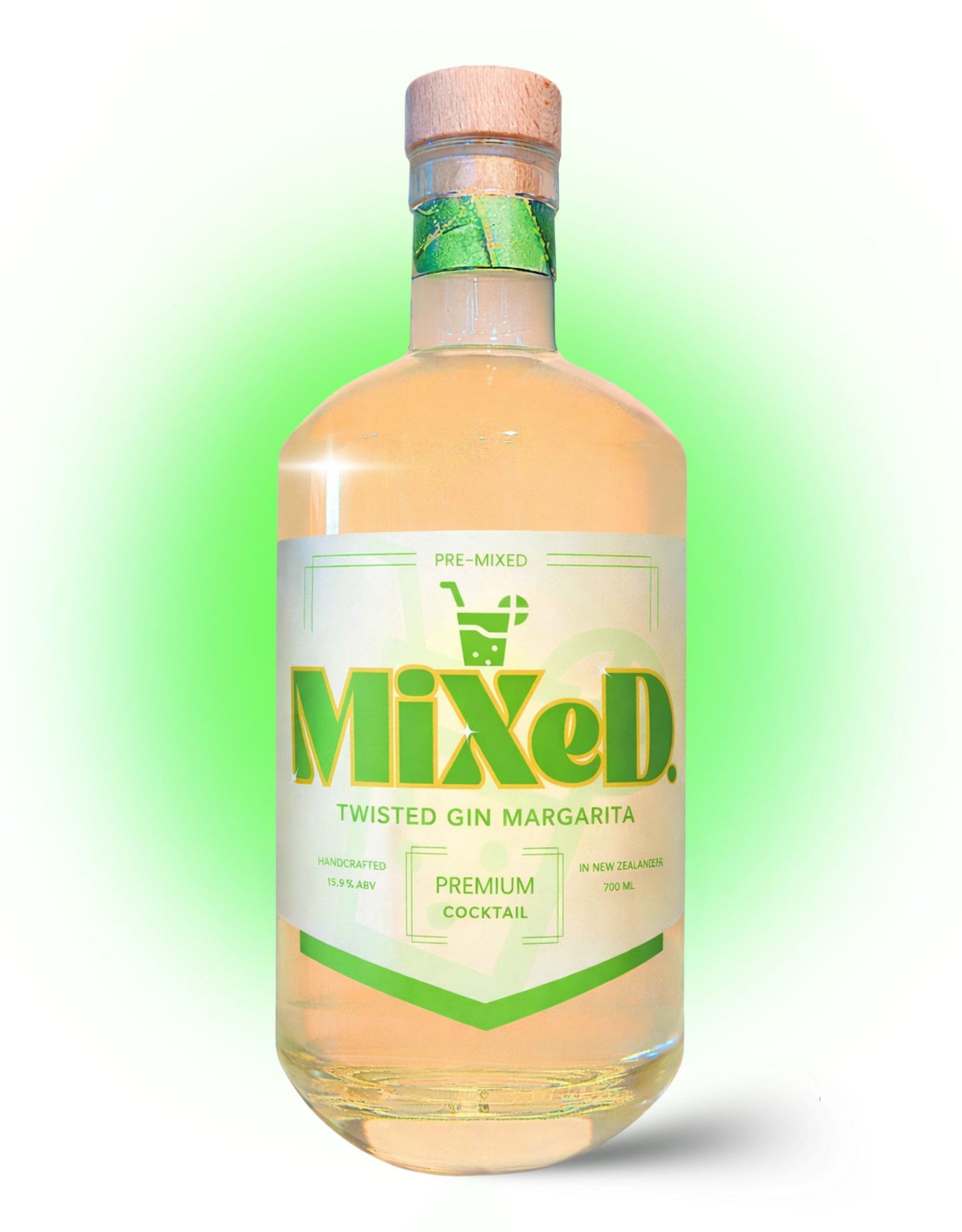Bottle of Mixed Twisted Gin Margarita with a green label on a white background