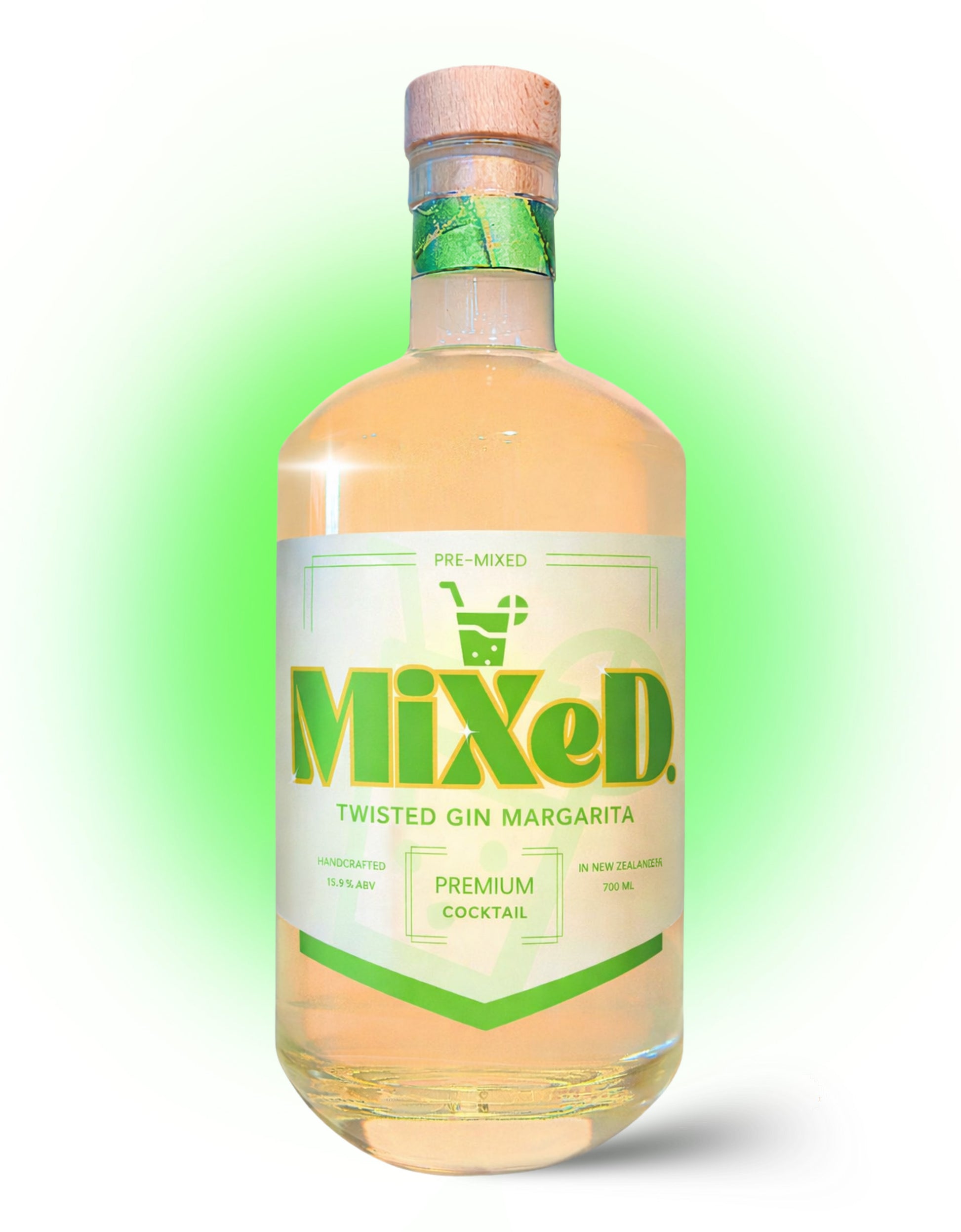 Bottle of Mixed Twisted Gin Margarita with a green label on a white background
