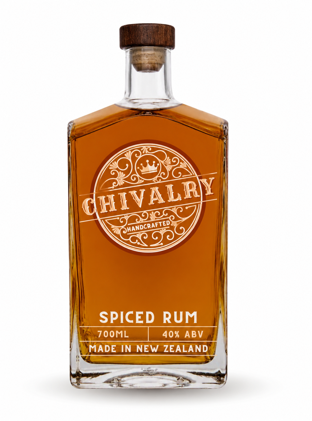 Bottle of Chivalry Spiced Rum on a white background