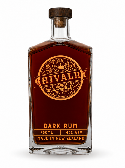 Bottle of Chivalry Dark Rum on a white background