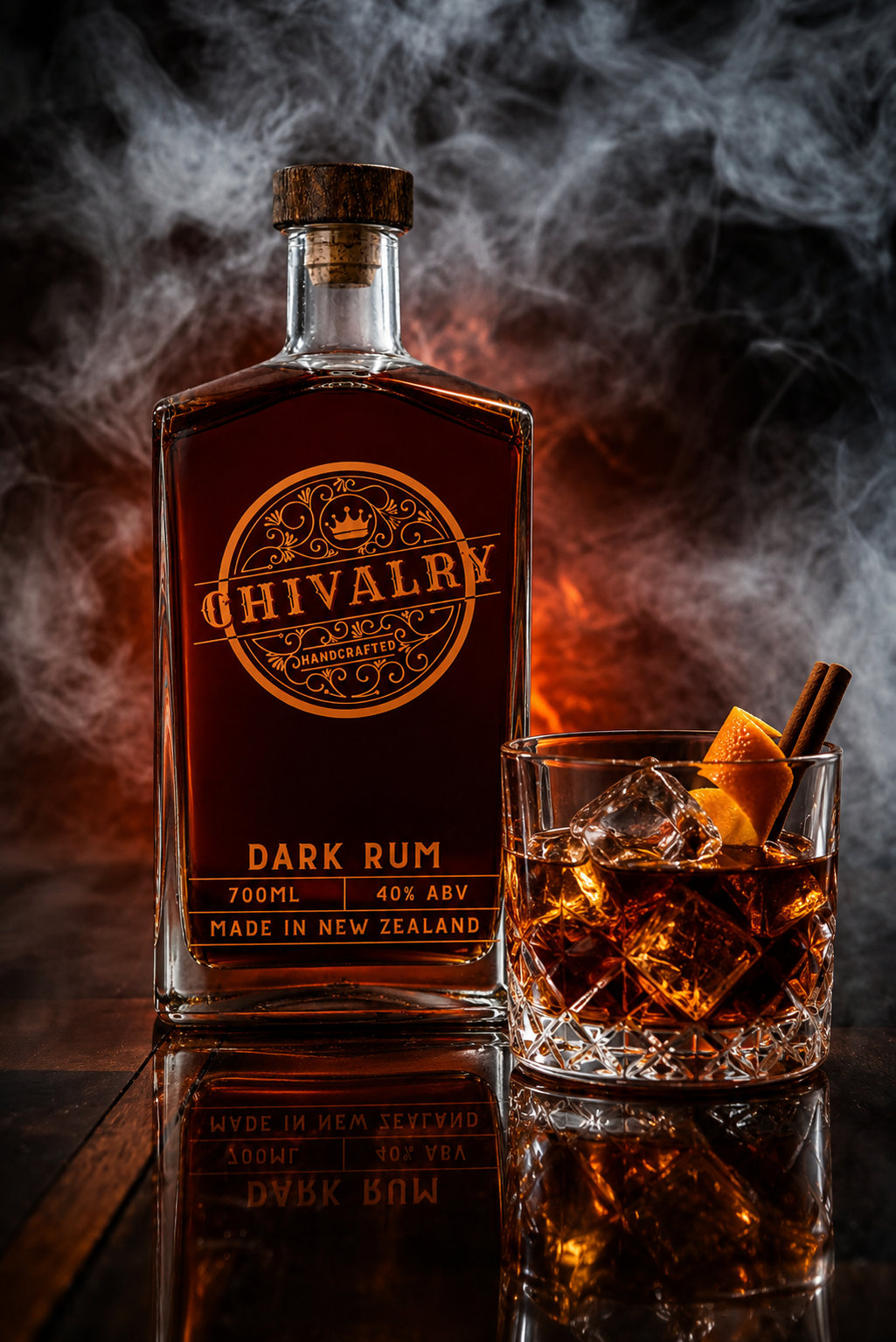 Ghivalry Dark Rum bottle with a glass of cocktail on a reflective surface with smoke effect