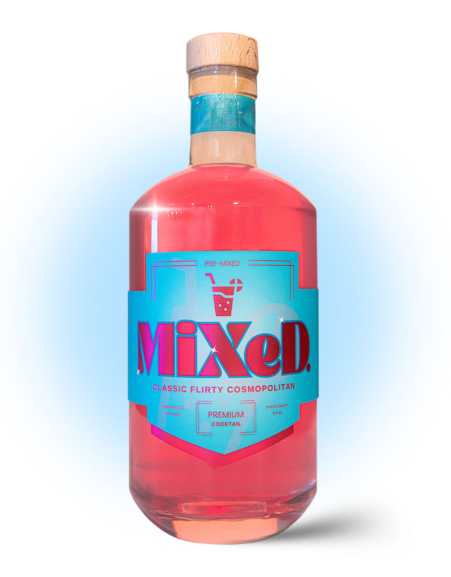 Bottle of 'Mixed' cocktail with a blue label on a white background