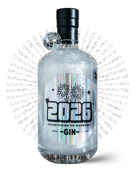 Bottle of 2026 Gin with a silver label and black cap on a white background