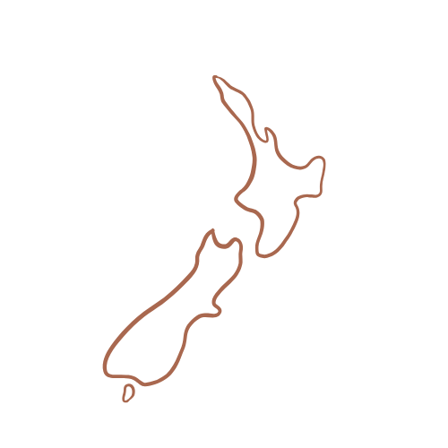Outline of New Zealand in brown on a white background