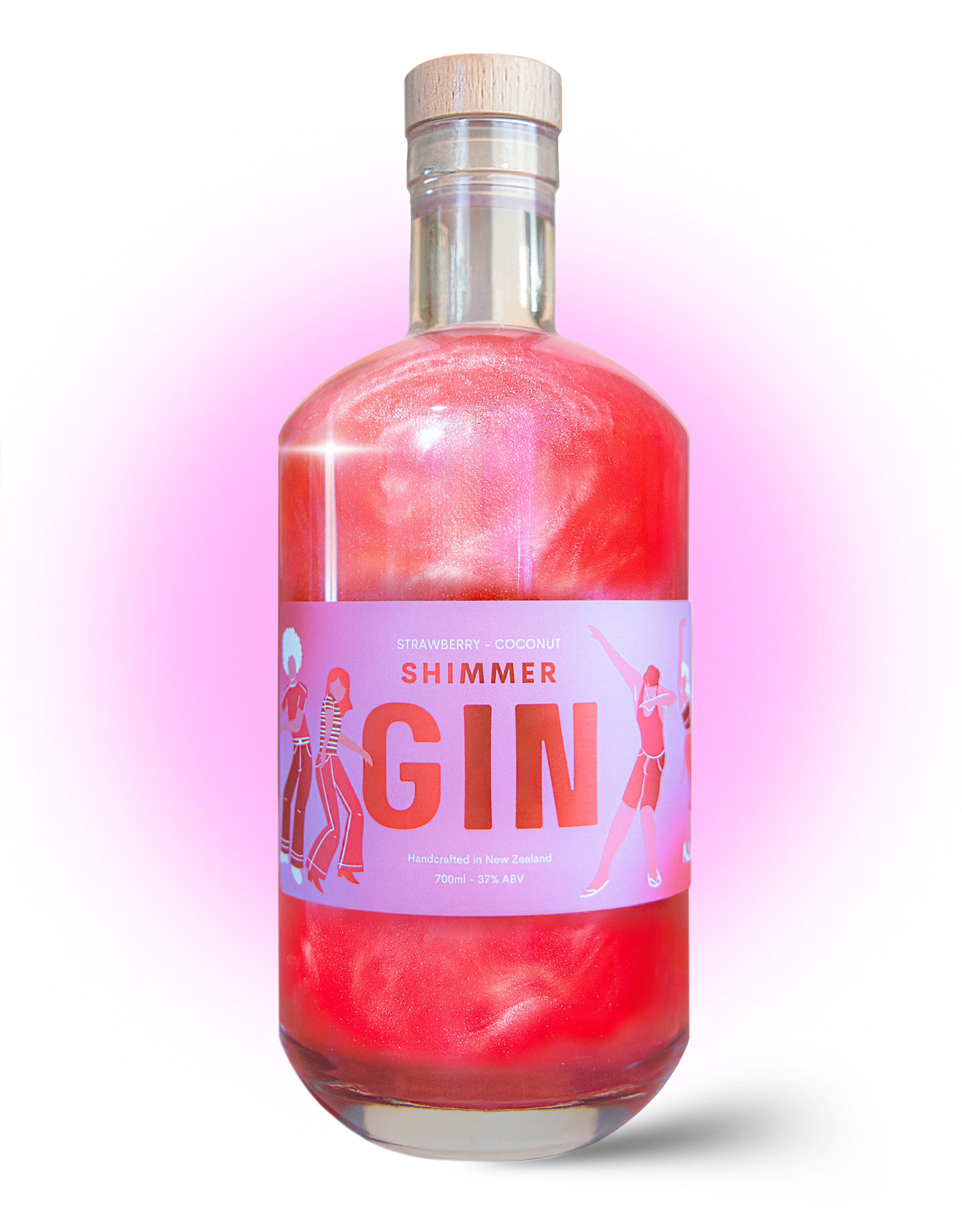 Bottle of Shimmer Gin with a pink label on a white background