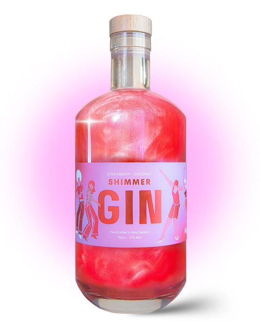 Bottle of Shimmer Gin with a pink label on a white background