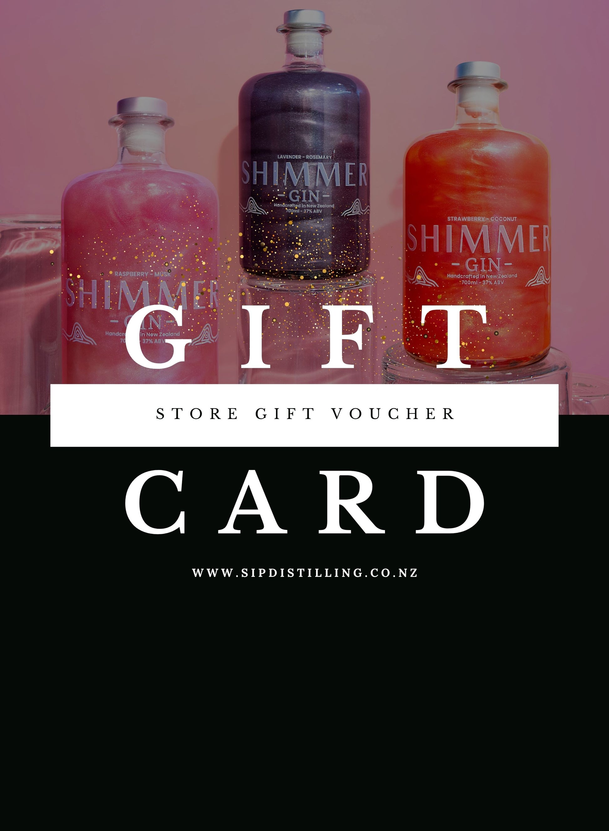 Three bottles of Shimmer Gin with a gift card overlay on a pink background
