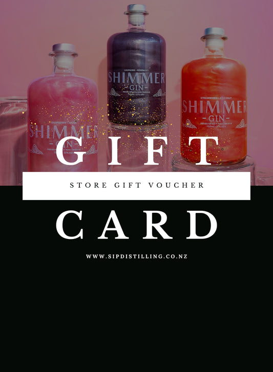 Three bottles of Shimmer Gin with a gift card overlay on a pink background