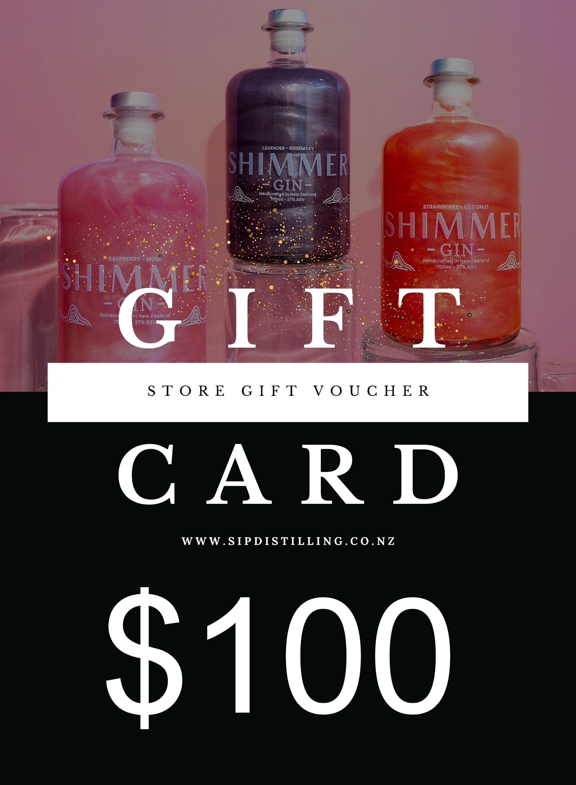 Shimmer Gin bottles with a gift card overlay on a pink background