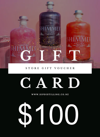 Shimmer Gin bottles with a gift card overlay on a pink background