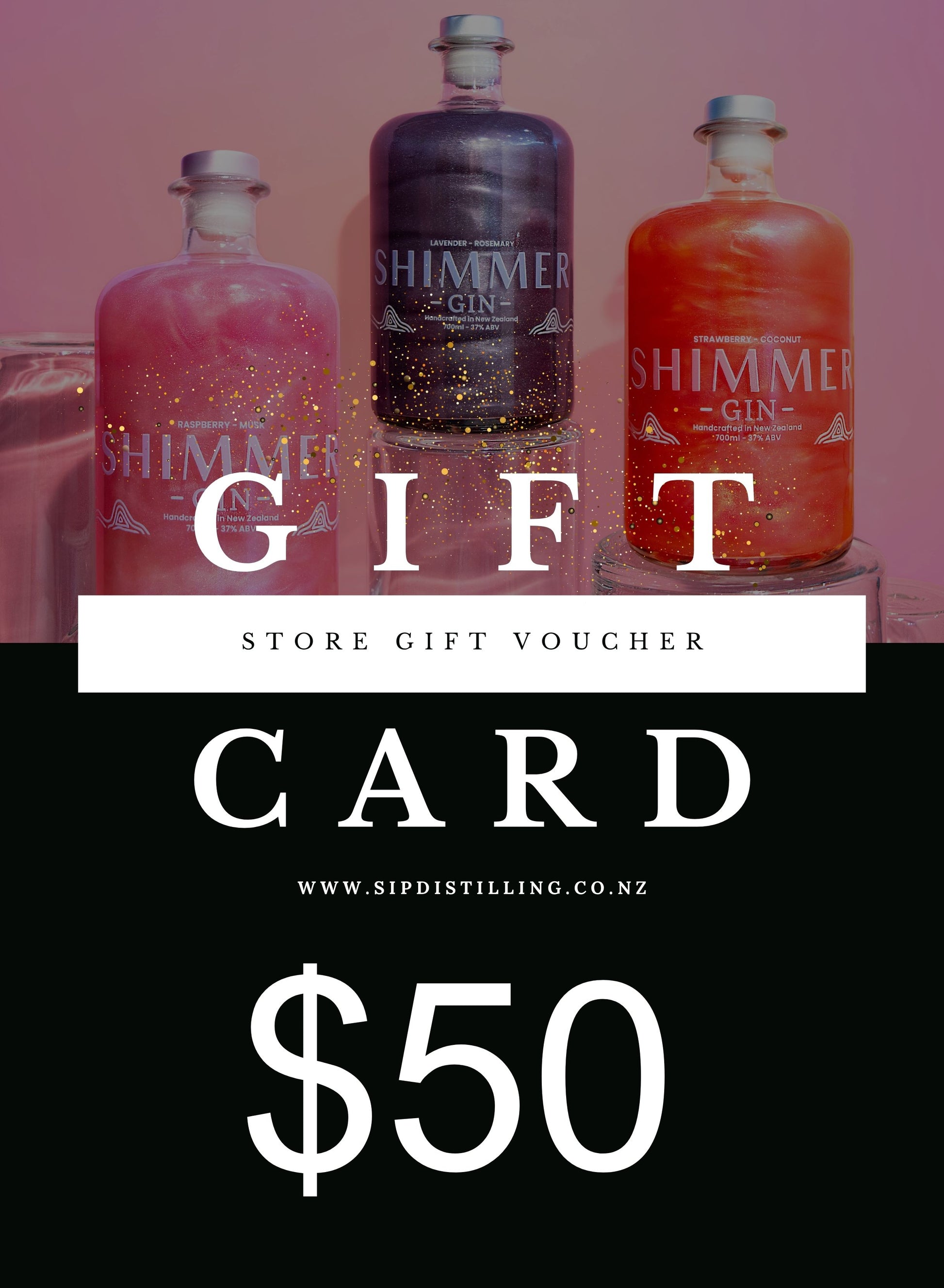 Shimmer Gin bottles with a gift card overlay on a pink background