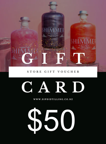 Shimmer Gin bottles with a gift card overlay on a pink background