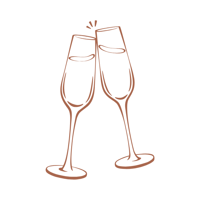 Two champagne glasses clinking together on a white background