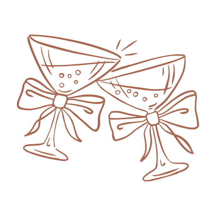 Two outline cocktail glasses with bow ties on a white background
