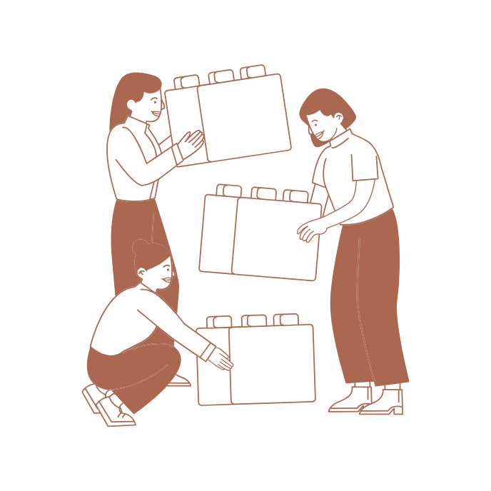 Illustration of three people working together on a project with large sheets of paper.