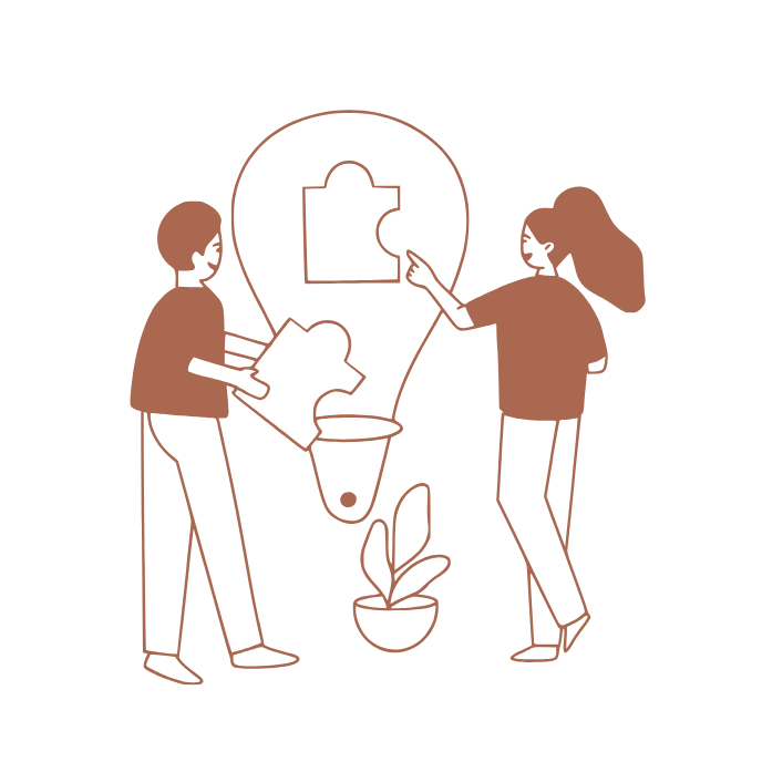 Illustration of two people interacting with a heart-shaped frame and potted plant on a white background