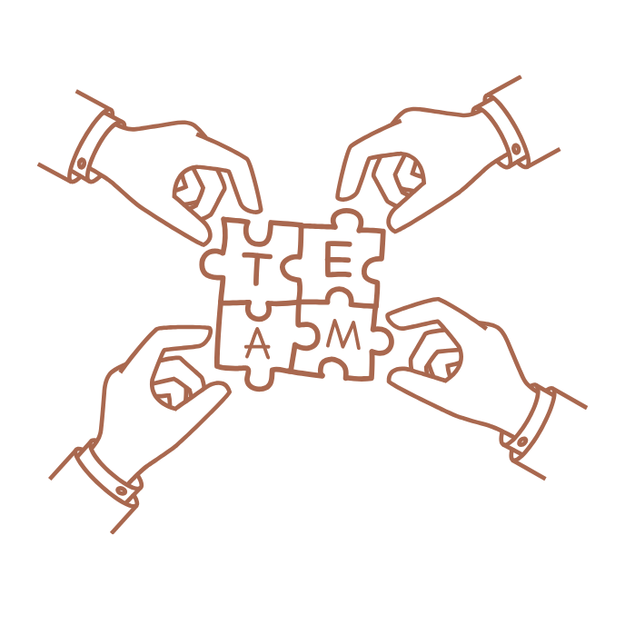 Illustration of four hands connecting puzzle pieces to form the word 'TEAM'.